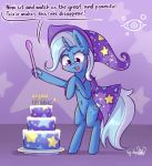  ! 2018 birthday_cake blue_hair blush cake cape clothing cute cutie_mark dialogue dsp2003 english_text equine eyebrows eyelashes female feral food friendship_is_magic frosting hair hat hi_res holding_object hooves horn lit_candle looking_down mammal mostly_nude multicolored_hair my_little_pony navel open_mouth open_smile plate purple_background purple_eyes shadow signature simple_background smile solo speech_bubble spoon standing star talking_to_viewer tape teeth text tongue trixie_(mlp) two_tone_hair underhoof unicorn 