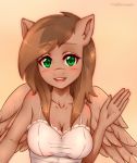  2018 5_fingers absurd_res anthro blush breasts brown_hair cleavage clothed clothing cute equine eyebrows eyelashes fan_character feathered_wings feathers female green_eyes hair half-length_portrait hi_res kindpineapple looking_at_viewer mammal my_little_pony open_mouth open_smile pegasus portrait simple_background smile solo tan_background tan_feathers teeth tongue waving wings 