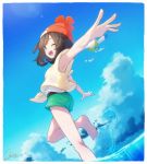  ;d armpits barefoot beanie bird black_hair blue_eyes blue_sky cloud cloudy_sky day green_shorts hat highres miu_(miuuu_721) mizuki_(pokemon) ocean one_eye_closed open_mouth outstretched_arm pokemon pokemon_(game) pokemon_sm red_hat short_hair shorts signature sky sleeveless smile solo standing standing_on_one_leg twitter_username 