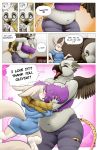  anthro avian beak big_breasts blush breasts butt canine clothed clothing comic cyrus_physhor dialogue duo english_text feathers female female/female fennec fox gryphon hug inside larger_female mammal navel neck_tuft open_mouth overweight pants post_transformation sitting size_difference smaller_female sofa speech_bubble standing text thought_bubble torn_clothing tuft wings 