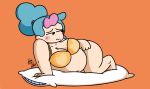  2018 belly big_breasts blush bra breasts cleavage clothed clothing digital_media_(artwork) embarrassed female hair hair_dye hair_tie huge_breasts human human_only leoafterhours mammal navel not_furry overweight pillow pose simple_background suzy_(leoafterhours) thick_thighs underwear 