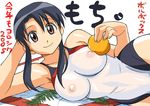  2005 arm_support armpits azumanga_daiou black_hair breast_press breasts brown_eyes cirima competition_swimsuit covered_nipples food fruit holding holding_food holding_fruit kagami_mochi kotoyoro kurosawa_minamo large_breasts lying new_year nipples on_side one-piece_swimsuit oppai_mochi orange pink_eyes see-through skin_tight smile solo swimsuit translated wide_hips 