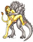  anal anal_penetration anthro anthrofied avoid_posting claws conditional_dnp duo erection feline gay godzilla godzilla_(series) kaiju kissing lion male mammal moodyferret pawpads paws penetration penis red_eyes scales scalie zilla 