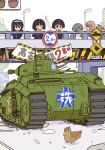  bird black_eyes black_hair blonde_hair bridge caterpillar_tracks char_b1 commentary_request crash daifuco duck emblem girls_und_panzer gotou_moyoko ground_vehicle isuzu_hana konparu_nozomi mallard military military_vehicle motor_vehicle multiple_girls nishizumi_miho ooarai_(emblem) ooarai_military_uniform reizei_mako road_sign short_hair sign smile sono_midoriko takebe_saori tank traffic_light 