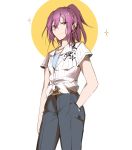 alice_(bzone4) arm_at_side bang_dream! belt collared_shirt denim hair_between_eyes half-closed_eyes hand_in_pocket highres jeans jewelry looking_at_viewer necklace pants ponytail purple_hair red_eyes seta_kaoru shirt short_sleeves sidelocks smile solo sparkle tied_shirt white_background white_shirt 