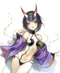  bangs bare_shoulders black_hair breasts demon_girl eyeshadow fang fate/grand_order fate_(series) grey_eyes hair_ornament highres horns lingerie long_sleeves looking_at_viewer makeup nail_polish navel oni oni_horns open_mouth short_hair shuten_douji_(fate/grand_order) skinny small_breasts smile straight_hair underwear upper_body viorie 