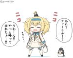 animal animal_on_head bag binoculars bird bird_on_head blonde_hair blue_shirt chibi closed_eyes commentary dress full_body gambier_bay_(kantai_collection) goma_(yoku_yatta_hou_jane) groceries hairband kantai_collection loafers map_(object) on_head open_mouth penguin sailor_dress shirt shoes simple_background smile standing tears thighhighs toucan translated twintails twitter_username wavy_mouth white_background white_legwear 