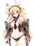  animal_ears bare_shoulders blonde_hair blue_eyes breasts bunny_ears commentary_request detached_sleeves flower glasses kyoro_(cothurnus) large_breasts long_hair navel necktie open_clothes original solo tonfa twintails weapon 