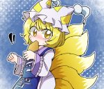  1girl aburaage arms_up blonde_hair blue_background blush chibi clenched_hands commentary dress eyebrows_visible_through_hair food food_in_mouth fox_tail gradient gradient_background hair_between_eyes hat hat_with_ears katanagi1129 long_sleeves looking_at_viewer multiple_tails ofuda polka_dot polka_dot_background short_hair solo surprised sweat tabard tail tassel touhou upper_body white_dress yakumo_ran yellow_eyes 