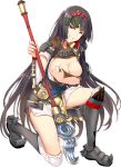  artist_request black_hair blue_eyes breasts cleavage covering covering_breasts eyebrows_visible_through_hair full_body hairband holding holding_spear holding_weapon kneeling large_breasts long_hair looking_at_viewer official_art one_eye_closed oshiro_project oshiro_project_re polearm red_hairband solo spear takasaki_(oshiro_project) torn_clothes transparent_background weapon 