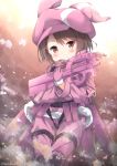  animal_hat bandana belt blush brown_eyes brown_hair commentary_request elbow_pads fur-trimmed_gloves fur_trim gloves gun hat knee_pads llenn_(sao) long_sleeves looking_at_viewer military military_uniform niwasane_(saneatsu03) p-chan_(p-90) pants pink_bandana pink_gloves pink_hat pink_pants pouch short_hair smile solo sword_art_online sword_art_online_alternative:_gun_gale_online twitter_username uniform weapon 