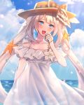  :d blue_eyes blush bow cloud day dress fate/grand_order fate_(series) hat hat_bow highres long_hair looking_at_viewer marie_antoinette_(fate/grand_order) marie_antoinette_(swimsuit_caster)_(fate) moe_(hamhamham) open_mouth outdoors plaid plaid_ribbon ribbon seashell_hair_ornament silver_hair smile solo starfish_hair_ornament twintails white_dress yellow_hat 