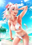 animal_ears armpits bikini blush breasts cat_ears cat_tail cleavage commentary_request ganari_ryuu green_eyes headphones headset highres large_breasts long_hair one-piece_tan open_mouth original pink_hair smile solo super_tama_musume swimsuit tail tamatoys tan tanline 