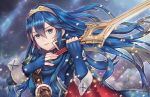  blue_eyes blue_hair blue_scarf blue_shirt cape chrone closed_mouth commentary falchion_(fire_emblem) fingerless_gloves fire_emblem fire_emblem:_kakusei gloves hair_between_eyes holding holding_sword holding_weapon lucina scarf shirt strap sword tiara upper_body weapon 
