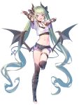  arm_strap bangs bare_shoulders bat_wings belt black_legwear blush breasts choker collarbone commentary_request crop_top deluxe&lt;&lt;&lt; demon_girl demon_tail eyebrows_visible_through_hair fang fingerless_gloves full_body gloves green_hair hair_ribbon highres horns long_hair looking_at_viewer midriff navel open_mouth original pointy_ears purple_eyes ribbon ryisu_(deluxe&lt;&lt;&lt;) shirt short_shorts shorts simple_background small_breasts smile solo strap tail thighhighs toeless_legwear toes twintails very_long_hair white_background white_shirt wings 