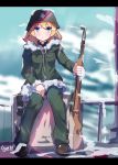  absurdres aqua_eyes bangs blonde_hair blue_sky blurry bolt_action boots box cloud cloudy_sky coat cross day depth_of_field expressionless full_body fur-trimmed_coat fur-trimmed_sleeves fur_collar fur_trim gun hair_between_eyes hand_on_lap handrail helmet highres holding holding_gun holding_weapon jitome letterboxed looking_at_viewer mauser_98 military military_uniform outdoors rifle short_hair shoujo_shuumatsu_ryokou signature sitting sitting_on_box sky smoke snow solo stahlhelm swept_bangs tegar32 uniform weapon yuuri_(shoujo_shuumatsu_ryokou) 