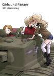  annoyed blonde_hair blue_eyes boots braid churchill_(tank) combat_boots commentary_request cup darjeeling emblem girls_und_panzer green_jacket ground_vehicle hand_on_another's_chin highres hone_(honehone083) jacket kay_(girls_und_panzer) long_hair military military_vehicle motor_vehicle multiple_girls orange_pekoe red_hair red_jacket saunders_military_uniform short_shorts shorts spilling st._gloriana's_(emblem) st._gloriana's_military_uniform tank tea teacup thighhighs yuri 