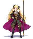  armored_boots athenawyrm belt black_bow black_footwear black_gloves blonde_hair boots bow camus camus_(cosplay) cape commentary_request cosplay cravat elise_(fire_emblem_if) fire_emblem fire_emblem:_monshou_no_nazo fire_emblem_heroes fire_emblem_if gloves hair_bow hand_on_hip long_hair long_sleeves multicolored_hair open_mouth polearm purple_eyes purple_hair simple_background solo twintails weapon white_background 
