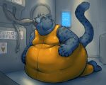  2018 5_fingers anthro belly big_belly black_fur black_nose blue_fur cheetah claws clothed clothing digital_drawing_(artwork) digital_media_(artwork) english_text feeding_tube feline food fur indigo_(indigorho) male mammal markings multicolored_fur nommz open_mouth overweight overweight_male shiny solo spots spotted_fur text tongue tongue_out uniform weight_gain yellow_eyes 