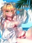  bikini blonde_hair blue_sky breasts cleavage day fate/grand_order fate_(series) green_eyes hair_intakes hand_up highres looking_at_viewer moe_(hamhamham) nero_claudius_(fate)_(all) nero_claudius_(swimsuit_caster)_(fate) outdoors palm_tree sky striped striped_bikini swimsuit tree water 