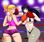  2girls abs ass blonde_hair blue_eyes boxing boxing_gloves boxing_ring breasts cleavage clenched_teeth curvy dkstudios05 fishnet_pantyhose green_eyes large_breasts long_hair multiple_girls open_mouth panties patreon punching punk_girl_(dkstudios05) purple_hair rich_girl_(dkstudios05) thick_thighs thong underwear 