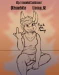  anthro bottomless breasts cassiebutter clitoris clothed clothing digital_media_(artwork) female fur hi_res lagomorph looking_at_viewer mammal middle_finger partially_clothed presenting presenting_pussy profanity pussy rabbit sitting solo spread_legs spreading text 