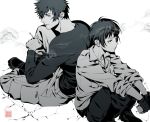  1boy 1girl back-to-back black_gloves black_hair cigarette closed_mouth commentary_request gloves holding holding_cigarette komo_(sleepy) kougami_shin&#039;ya long_sleeves psycho-pass short_hair simple_background sitting smoke_trail tsunemori_akane white_background 