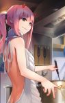  alternate_hairstyle backless_dress backless_outfit bangs bare_back blue_hair butt_crack cooking darling_in_the_franxx dress eyebrows_visible_through_hair halterneck highres honey ichigo_(darling_in_the_franxx) kitchen meme_attire multiple_girls nene_(taiwan) no_hairband oni_horns ponytail pot red_horns sidelocks smile solo_focus virgin_killer_sweater zero_two_(darling_in_the_franxx) 