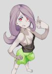 1girl bare_shoulders breasts cleavage from_above half-closed_eyes highres little_witch_academia medium_breasts no_bra pale_skin puffy_shorts purple_hair red_eyes sharp_teeth shorts sideboob solo standing sucy_manbavaran sweat tank_top 