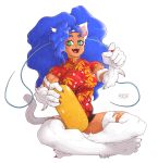  2018 5_fingers animal_humanoid blue_fur breasts cat_humanoid cerebropodrido chinese_clothing chinese_dress clothing crossed_legs darkstalkers digital_media_(artwork) dress fangs felicia_(darkstalkers) feline female fur green_eyes humanoid looking_at_viewer mammal sitting smile video_games 