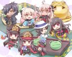  5girls ;d ahoge black_bow black_hair black_legwear black_scarf blonde_hair bow cape chibi closed_eyes dango drooling eyebrows_visible_through_hair fate/grand_order fate_(series) fedora food hair_bow hair_ornament hat high_collar holding holding_food japanese_clothes keikenchi_(style) kimono long_hair low_ponytail military military_hat military_uniform multiple_boys multiple_girls oda_nobukatsu_(fate/grand_order) oda_nobunaga_(fate) okada_izou_(fate) okita_souji_(alter)_(fate) okita_souji_(fate) okita_souji_(fate)_(all) one_eye_closed open_mouth oryou_(fate) peaked_cap plate ponytail red_eyes rioshi sakamoto_ryouma_(fate) scarf short_hair short_kimono smile tassel thighhighs tied_hair uniform wagashi white_hair white_hat yellow_eyes 