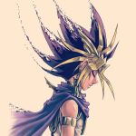  armlet atem blonde_hair cape closed_eyes dark_skin dark_skinned_male digital_dissolve disintegration dissolving earrings forehead_protector from_side jewelry male_focus multicolored_hair profile sepia_background simple_background sleeveless solo spiked_hair takahashi_kazuki upper_body white_background yuu-gi-ou yuu-gi-ou_duel_monsters 