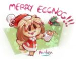  animal_crossing anthro blush buckteeth christmas clothed clothing costume cup eggnog english_text female fur happy hat holidays holly_(plant) isabelle_(animal_crossing) nintendo panken plant santa_costume simple_background smile solo spilling standing standing_on_one_leg teeth text video_games yellow_fur 