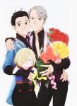  artist_request black_hair blue_eyes bouquet brown_eyes character_doll cheek-to-cheek collared_shirt epaulettes flower hair_slicked_back hand_on_another's_hip hand_on_another's_shoulder highres katsuki_yuuri male_focus multiple_boys official_art ribbon shirt silver_hair smile viktor_nikiforov yuri!!!_on_ice yuri_plisetsky 