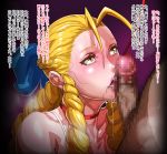  blonde_hair bow censored collar commentary_request fellatio forehead hair_bow hair_pulled_back hentaix hetero kanzuki_karin leash male_pubic_hair mosaic_censoring oral penis pubic_hair ringlets saliva solo_focus street_fighter street_fighter_v street_fighter_zero_(series) sweat translation_request 