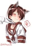  admiral_(kantai_collection) animal_ears blush brown_eyes brown_hair chin_tickle collar commentary_request dog_collar dog_ears ebifurya embarrassed extra_ears gloves highres kantai_collection kemonomimi_mode long_hair looking_at_viewer neckerchief one_eye_closed ponytail sailor_collar school_uniform serafuku shikinami_(kantai_collection) short_sleeves simple_background solo_focus spoken_squiggle squiggle twitter_username white_background white_gloves 