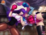  2girls ass boxing boxing_gloves boxing_ring breasts cleavage curvy dkstudios05 idol_girl_(dkstudios05) multiple_girls open_mouth panties patreon punching secretary_girl_(dkstudios05) thick_thighs thong underwear 