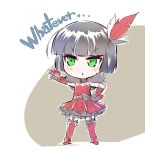  black_hair boots chibi claw_(weapon) commentary detached_sleeves dress english english_commentary feathers fingerless_gloves garter_straps gloves green_eyes iesupa miltiades_malachite red_dress rwby rwby_chibi solo weapon 