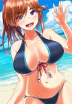  :d beach bikini blue_bikini blue_sky breasts brown_hair cleavage cloud day hiroshima_(oshiro_project) large_breasts long_hair looking_at_viewer navel ocean open_mouth oshiro_project_re outdoors ponytail purple_eyes rikosyegou shiny shiny_skin sky smile solo swimsuit teeth 