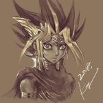  armlet atem bare_shoulders blonde_hair brown_background cape ear earrings forehead_protector jewelry long_hair looking_at_viewer male_focus monochrome multicolored_hair sepia signature simple_background smile solo spiked_hair takahashi_kazuki upper_body yuu-gi-ou yuu-gi-ou_duel_monsters 