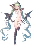  arm_strap bangs bare_shoulders bat_wings belt black_legwear blush breasts choker collarbone deluxe&lt;&lt;&lt; demon_girl demon_tail eyebrows_visible_through_hair fang fingerless_gloves full_body gloves green_hair hair_ribbon highres horns long_hair looking_at_viewer midriff navel open_mouth original pasties pointy_ears purple_eyes revealing_clothes ribbon ryisu_(deluxe&lt;&lt;&lt;) shirt short_shorts shorts simple_background small_breasts smile solo strap tail thighhighs toeless_legwear toes twintails very_long_hair white_background wings 