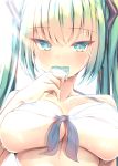  bangs blush breasts eating eyebrows_visible_through_hair food green_eyes green_hair hatsune_miku kiseno large_breasts long_hair looking_at_viewer popsicle simple_background solo sweat twintails upper_body vocaloid white_background white_bikini_top 