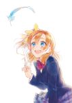  :d anniversary blazer blue_eyes blue_feathers blue_jacket blue_skirt bow bowtie commentary_request feathers hair_bow highres holding_feather jacket kousaka_honoka long_sleeves looking_up love_live! love_live!_school_idol_project medium_hair one_side_up open_mouth orange_hair otonokizaka_school_uniform pleated_skirt school_uniform signature simple_background skirt smile solo striped striped_neckwear sudach_koppe upper_teeth white_background white_feathers yellow_bow 