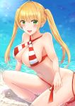  :d bikini blonde_hair breasts bunsai cleavage commentary_request criss-cross_halter earrings fate/grand_order fate_(series) green_eyes halterneck highres jewelry large_breasts nero_claudius_(fate)_(all) nero_claudius_(swimsuit_caster)_(fate) ocean open_mouth revision smile solo striped striped_bikini swimsuit twintails untied untied_bikini water 