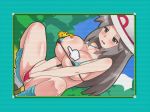  1girl areola_slip areolae awa bikini blue_(pokemon) blue_border blue_sky blush border breasts brown_eyes brown_hair cloud day disembodied_limb dutch_angle grass half-closed_eyes hat huge_breasts japanese_text micro_bikini outdoors pokemon pokemon_(game) pokemon_frlg shiny shiny_skin sky solo squatting string_bikini sun_hat translation_request tree underboob 