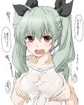  alternate_costume anchovy black_ribbon blush bra bra_through_clothes commentary_request drill_hair elf_(stroll_in_the_woods) eyebrows_visible_through_hair girls_und_panzer green_hair hair_between_eyes hair_ribbon lace lace_bra looking_at_viewer red_eyes ribbon see-through solo sweat translation_request twin_drills twintails underwear upper_body white_bra 