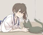  bangs blue_skirt blush brown_eyes brown_hair cat closed_mouth commentary_request eyebrows_visible_through_hair hair_between_eyes indoors kaga_(kantai_collection) kantai_collection lying on_stomach ree_(re-19) short_hair sketch_eyebrows skirt smile solo 