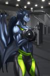  2017 anthro blue_hair blue_scales clothing dragon eliana-asato ena female green_eyes gym hair muscular scales 