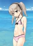  arms_behind_back beach bikini black_hairband blue_sky brown_eyes cloud commentary_request day flat_chest girls_und_panzer groin hairband horizon jiji light_brown_hair long_hair looking_at_viewer navel ocean pink_bikini shimada_arisu side_ponytail sky smile solo swimsuit 