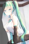  1girl :&lt; absurdres bangs between_breasts blush breasts clothed_sex cum cum_on_body cum_on_breasts cum_on_upper_body detached_sleeves eyebrows_visible_through_hair green_eyes green_hair hatsune_miku hetero highres indoors kiseno large_breasts long_hair necktie necktie_between_breasts paizuri penis perpendicular_paizuri sitting twintails very_long_hair vocaloid wariza 